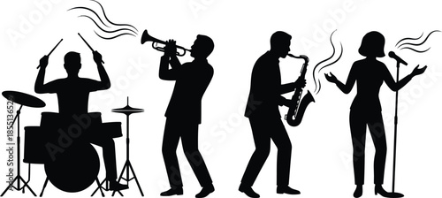 Silhouettes of four musicians playing drums trumpet saxophone and microphone
