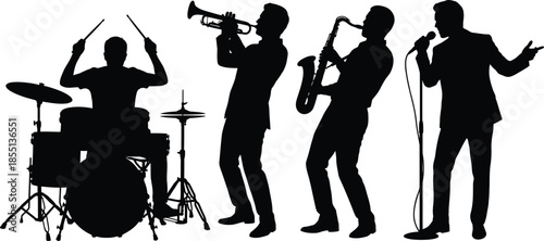 Silhouette of a jazz band performing with drums trumpet saxophone and vocalist