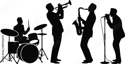 Silhouettes of four musicians playing jazz instruments in a band