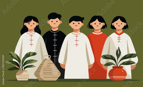 Minimalist Vector Illustration of a Group of Asian People in Traditional Attire, Five Friends or Family Members Celebrating Lunar New Year