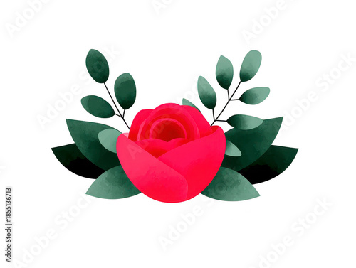 Red rose green leaf watercolor floral botanical nature decorative romantic elegant isolated illustration with soft artistic style and fresh feeling