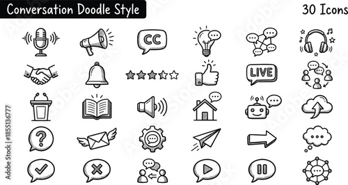 Conversation doodle style icons set featuring communication speech bubbles social media symbols and digital interaction elements for messaging and networking designs.