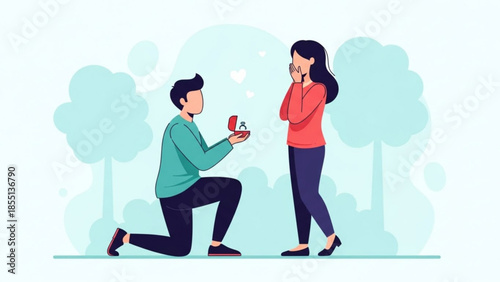 Man proposing to woman in park with trees and romantic gesture