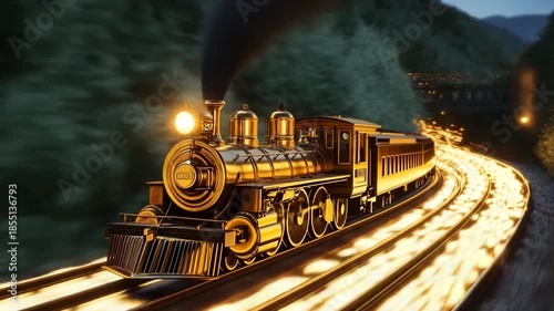Golden train travels through a magical forest with sparkling lights at night