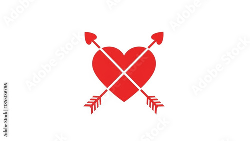 A bold red heart pierced by two crossed arrows on white background symbolizing love passion and heartbreak in a graphic design