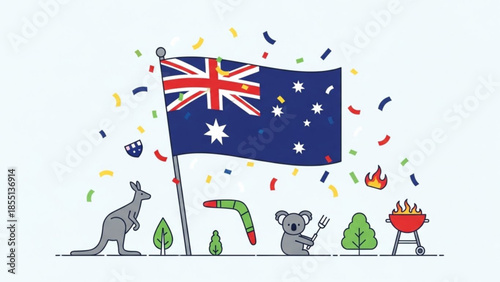 Australian flag with kangaroo, koala, barbecue, and confetti celebrating australia day