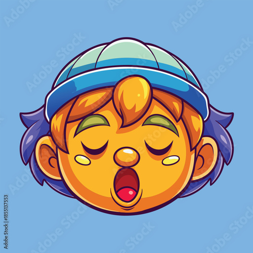 Cartoon boy yawning in a striped beanie
