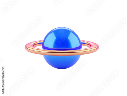 Blue planet golden ring glossy surface 3D illustration isolated on transparency background futuristic minimal style vibrant playful imaginative space concept