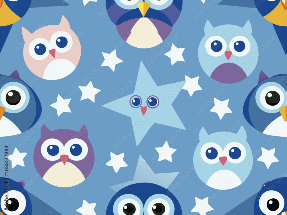Fototapeta premium Cute owls and stars pattern