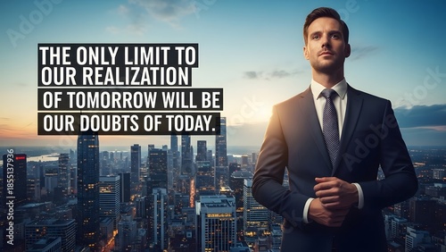 Motivational quote typography over ultra realistic confident business professional with city skyline background, modern success mindset concept, premium stock image quality