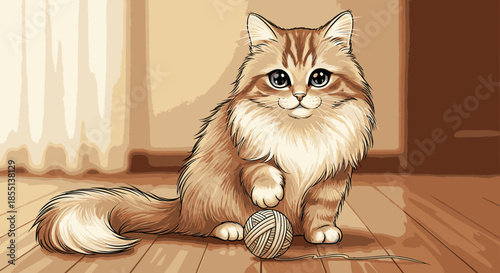 An adorable fluffy domestic cat with beautiful big eyes playfully interacts with a ball of yarn on a warm wooden floor, showcasing its charming innocence.