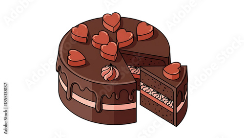 Delicious chocolate cake with heart toppings