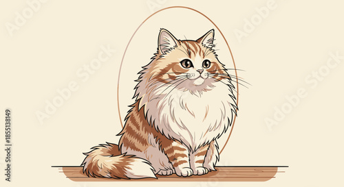 A charmingly illustrated fluffy orange and white domestic cat sits patiently, showcasing its adorable features and soft fur in a clean, inviting vector art style.