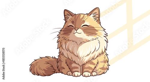 A charmingly fluffy cartoon cat with warm brown and cream fur sits contentedly, eyes gently closed and a sweet smile gracing its face, radiating pure happiness.