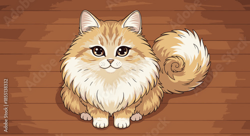 A charmingly fluffy orange and white cartoon cat with big expressive eyes sits serenely on a warm wooden floor, looking directly at the viewer.