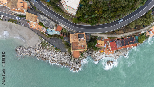 Drone aerial view of Cetara beautiful cliff city of the Amalfi Coast