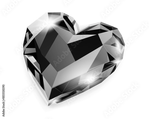 A heart-shaped diamond with a faceted surface, reflecting light and showcasing its sharp edges and polished appearance, set against a clean white background.