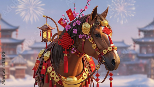 A brown horse decorated with red and gold ornaments, lantern, pink flowers, and chinese flags on a snowy day with buildings in the background, festive scene