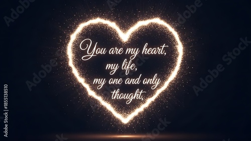 Love quote typography over ultra realistic glowing heart made of light particles, romantic digital art style, cinematic glow, premium stock image quality