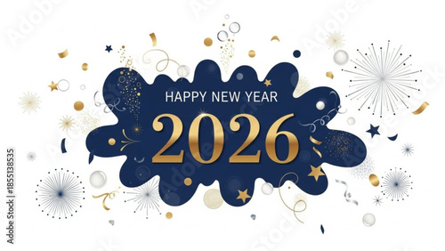 Happy new year 2026 celebration with gold and navy blue confetti and fireworks on white background