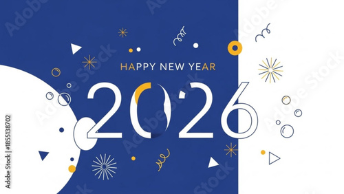 Happy new year 2026 celebration with colorful fireworks and confetti on blue background with white and gold decorations