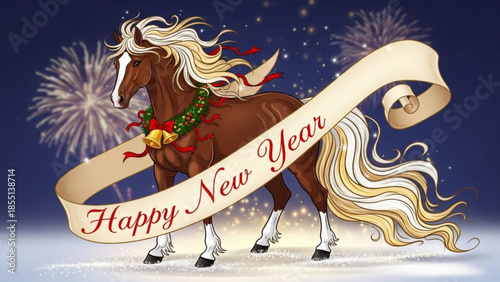 Brown horse with long blonde mane and tail wearing christmas garland and happy new year banner on dark background with fireworks