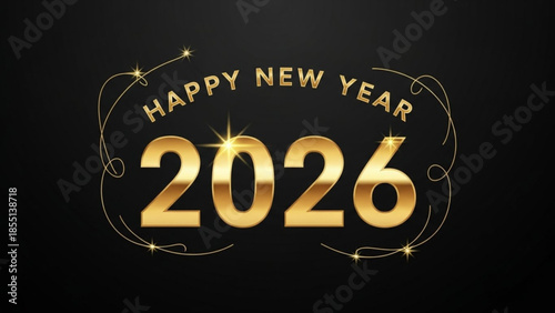 Happy new year 2026 gold shiny text with sparkles on black background