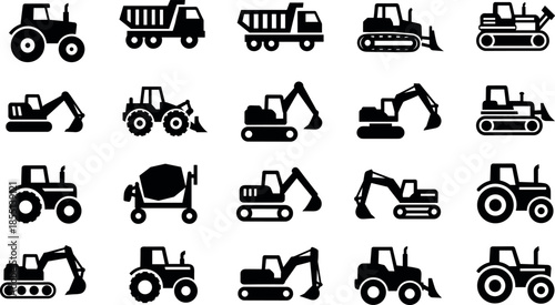 Black construction and agricultural machinery icons set featuring tractors excavators dump trucks bulldozers and cement mixers isolated on white background.