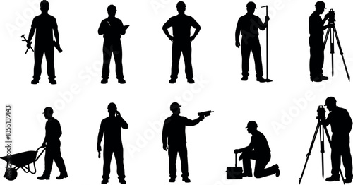 Black construction worker silhouettes set featuring builders, engineers, surveyors, and laborers with tools and equipment for industrial site project development.