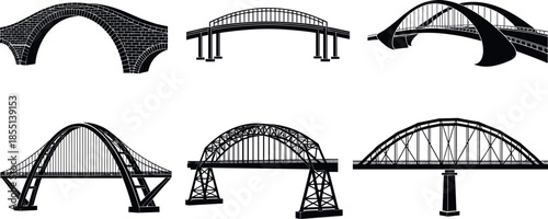 Black silhouette set of various arched bridge designs including stone masonry, modern steel truss, and contemporary architectural infrastructure engineering icons.