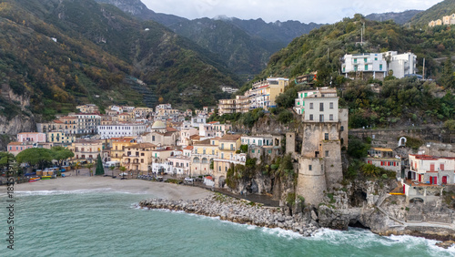 Drone aerial view of Cetara beautiful cliff city of the Amalfi Coast