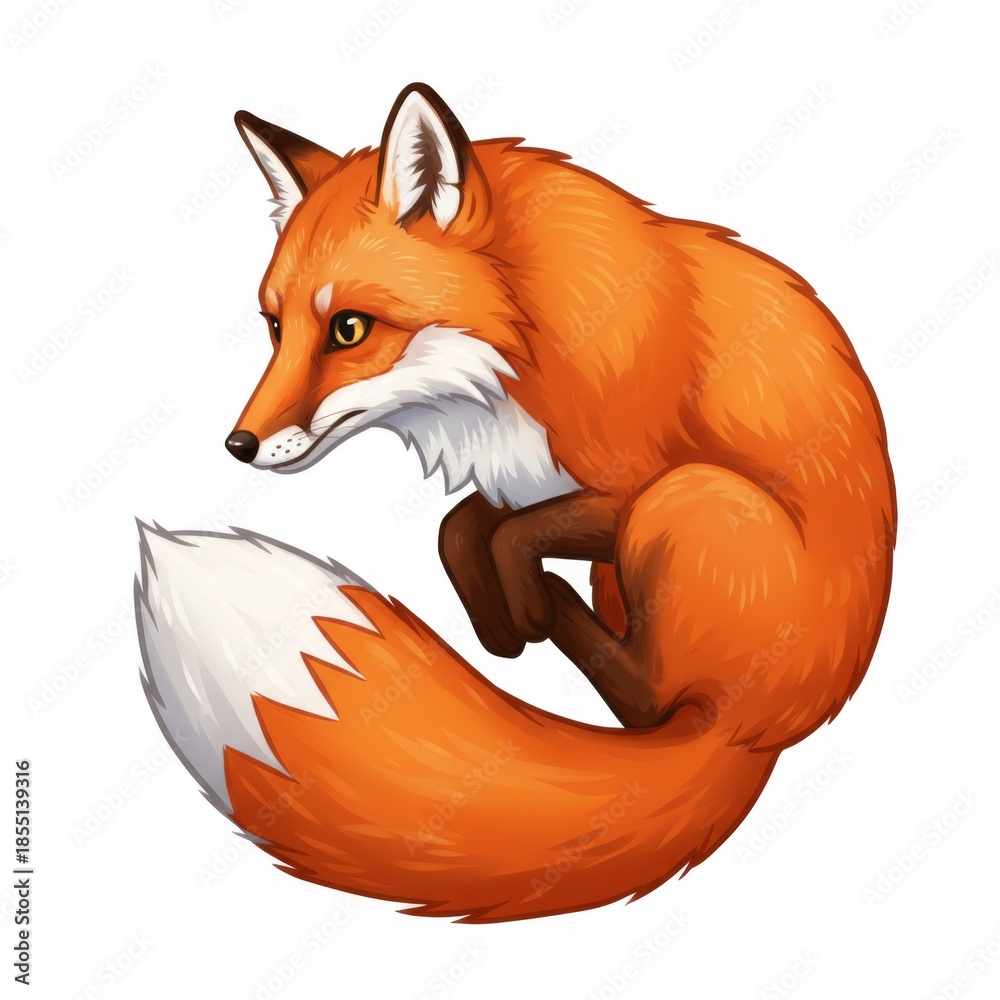 Fototapeta premium Portrait of a Red Fox with Fluffy Tail Resting on White Background