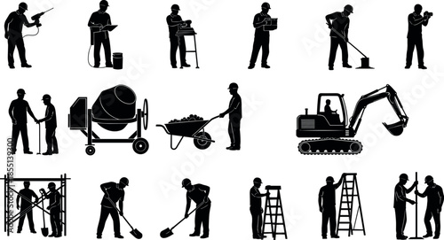 Construction Workers and Heavy Machinery Silhouette Set with Builders Engineers Excavator Cement Mixer Tools and Scaffolding for Industrial Site Projects