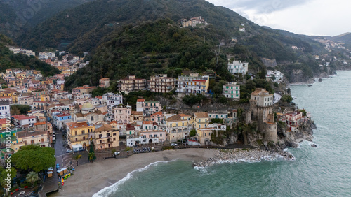 Drone aerial view of Cetara beautiful cliff city of the Amalfi Coast