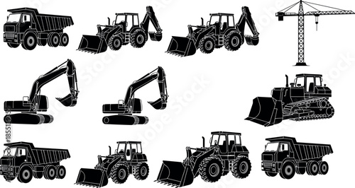 Heavy Construction Machinery Silhouette Set Featuring Excavators Dump Trucks Bulldozers Wheel Loaders and Tower Crane Icons for Industrial Building Project Design