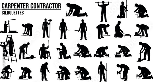 Professional Carpenter Contractor Silhouettes Set Featuring Construction Workers Building Woodworking Projects Using Tools Ladders Drills Saws and Manual Labor Equipmen