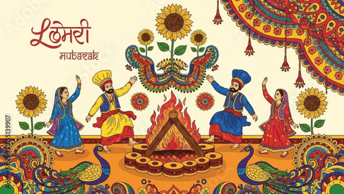 Lohri Festival Celebration: A vibrant cultural depiction of the Lohri festival, showcasing traditional attire, lively dance, and a central bonfire, celebrating the joyous harvest season.