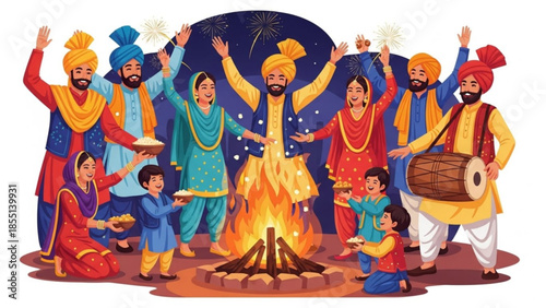 Festive Gathering: Joyful individuals come together, encircling a bonfire, their faces illuminated by the crackling flames. A vibrant celebration of togetherness and cultural heritage.