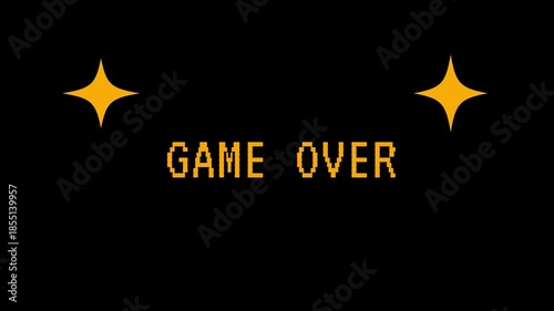 Animated pixel art text 'GAME OVER' flashes with stars for a vintage gaming theme on a dark background. 4k text animated video