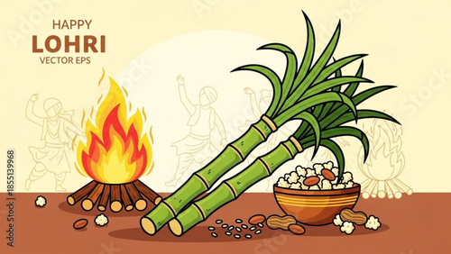 Lohri Celebration: A vibrant illustration depicts the festive spirit of Lohri, featuring a lively bonfire, sugarcane stalks, and traditional treats.
