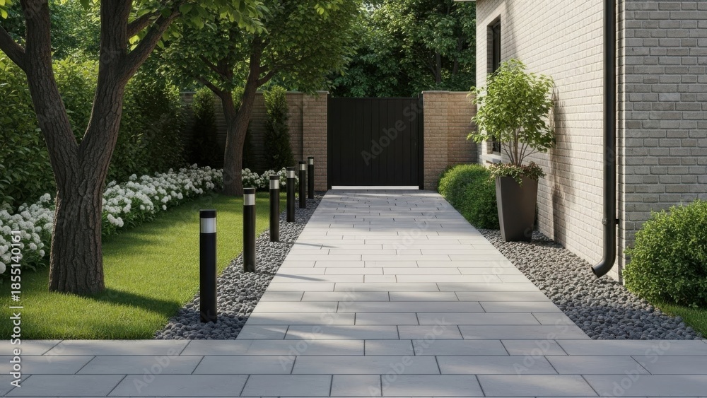 Fototapeta premium Modern house pathway with garden and lighting along the walkway outside