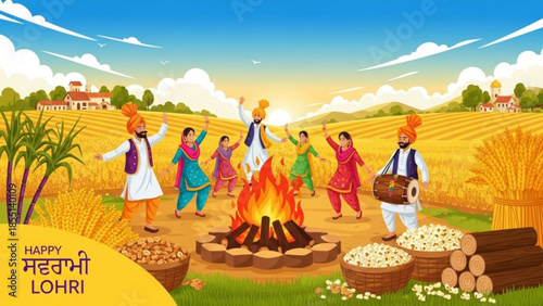 Celebration of Lohri: A vibrant Lohri scene, with a bonfire at the center, surrounded by dancing people in colorful traditional outfits. The spirit of this festival is palpable.