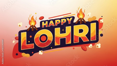 Lohri Festival: Colorful typography on a gradient backdrop, a visual celebration of Lohri, a vibrant festival of Punjab, India.  Featuring traditional elements like bonfire.