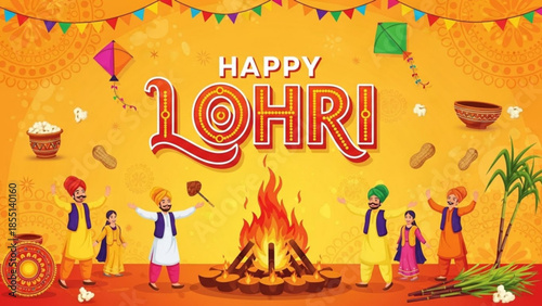 Celebratory Lohri: A vibrant illustration depicts the festive spirit of Lohri, showcasing a bonfire, traditional elements, and joyful celebrations, all infused with rich cultural significance.