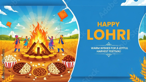 Happy Lohri Celebration: A vibrant illustration depicts a lively Lohri celebration, with a bonfire at the heart of the scene and people dancing around. symbolizing joy and community spirit.
