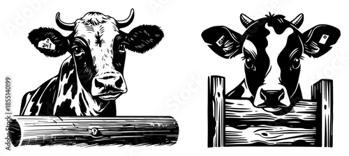 Cows Peeking Over Wooden Fence - Vector Farm Animal Sketch