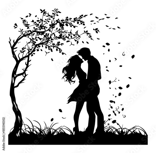 Romantic Couple Silhouette under Tree - Vector Love Illustration
