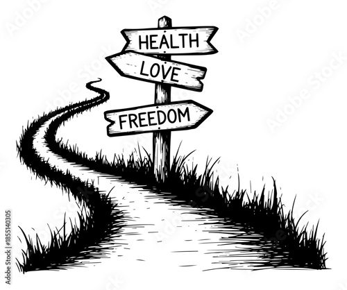 Wooden Signpost on Winding Path - Vector Inspirational Sketch with Health Love Freedom