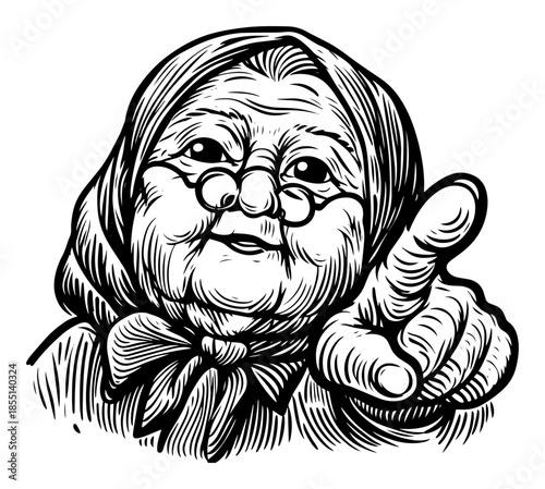 Grandmother Pointing Finger at Viewer - Vector Vintage Portrait Sketch