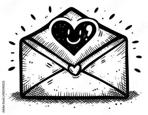 Love Letter Envelope with Smiling Heart - Cute Vector Valentine Sketch